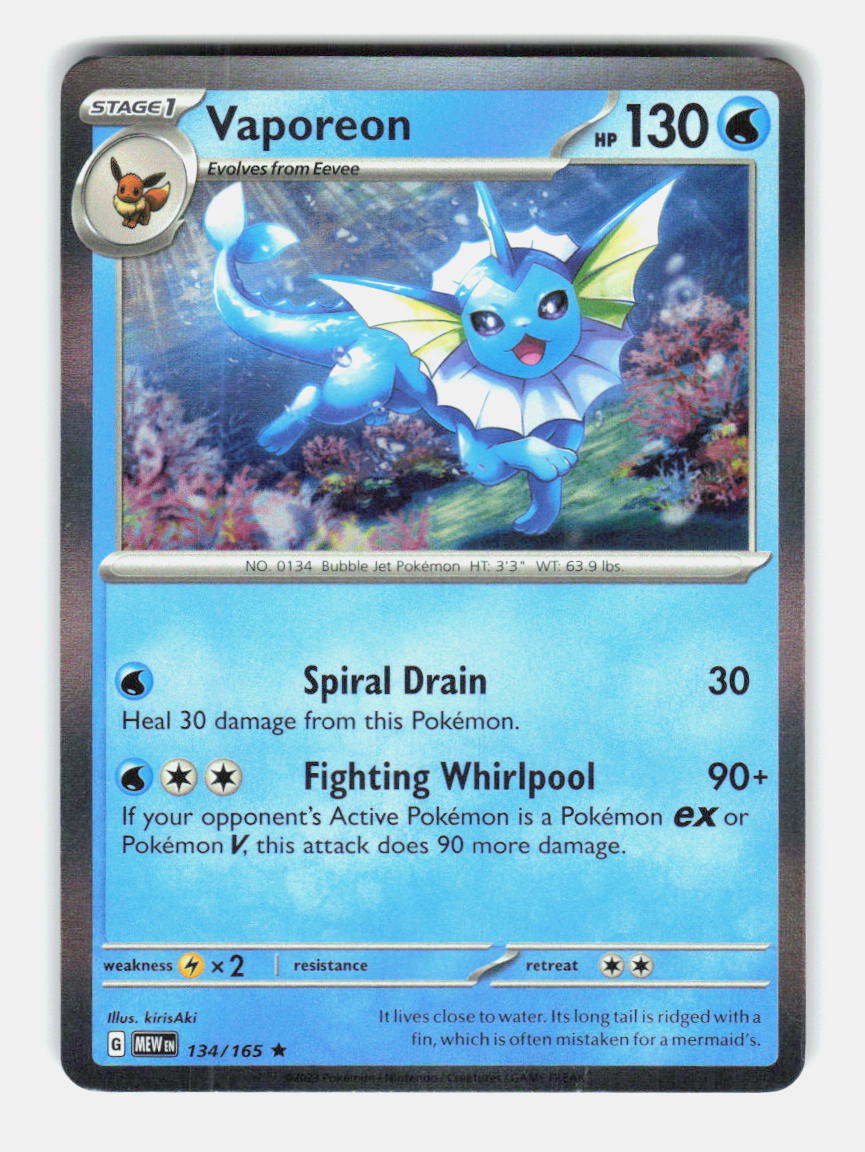 Vaporeon 134/165 Rare 151 Pokemon Holo Near Mint