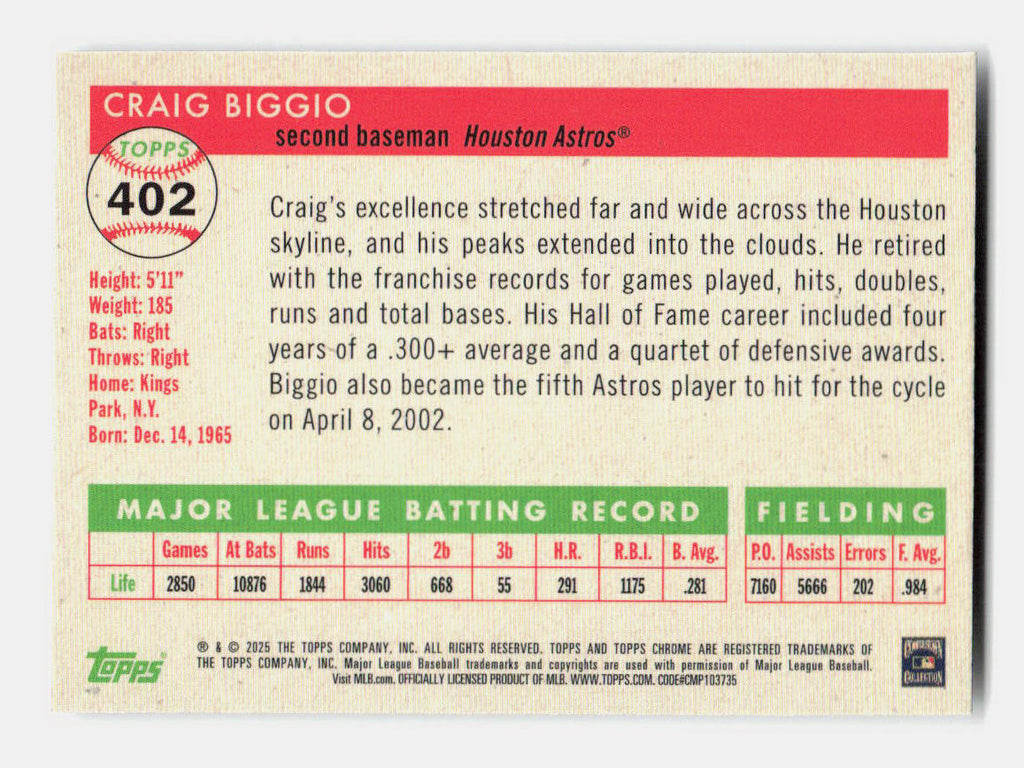 2025 Topps Chrome Platinum Craig Biggio 402
