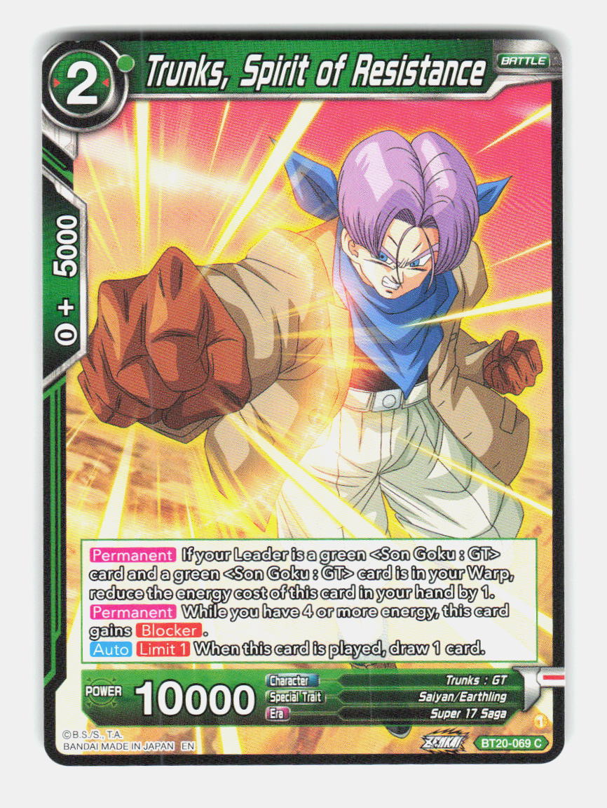 Trunks, Spirit of Resistance BT20-069 Common Power Absorbed Dragon Ball Super NM
